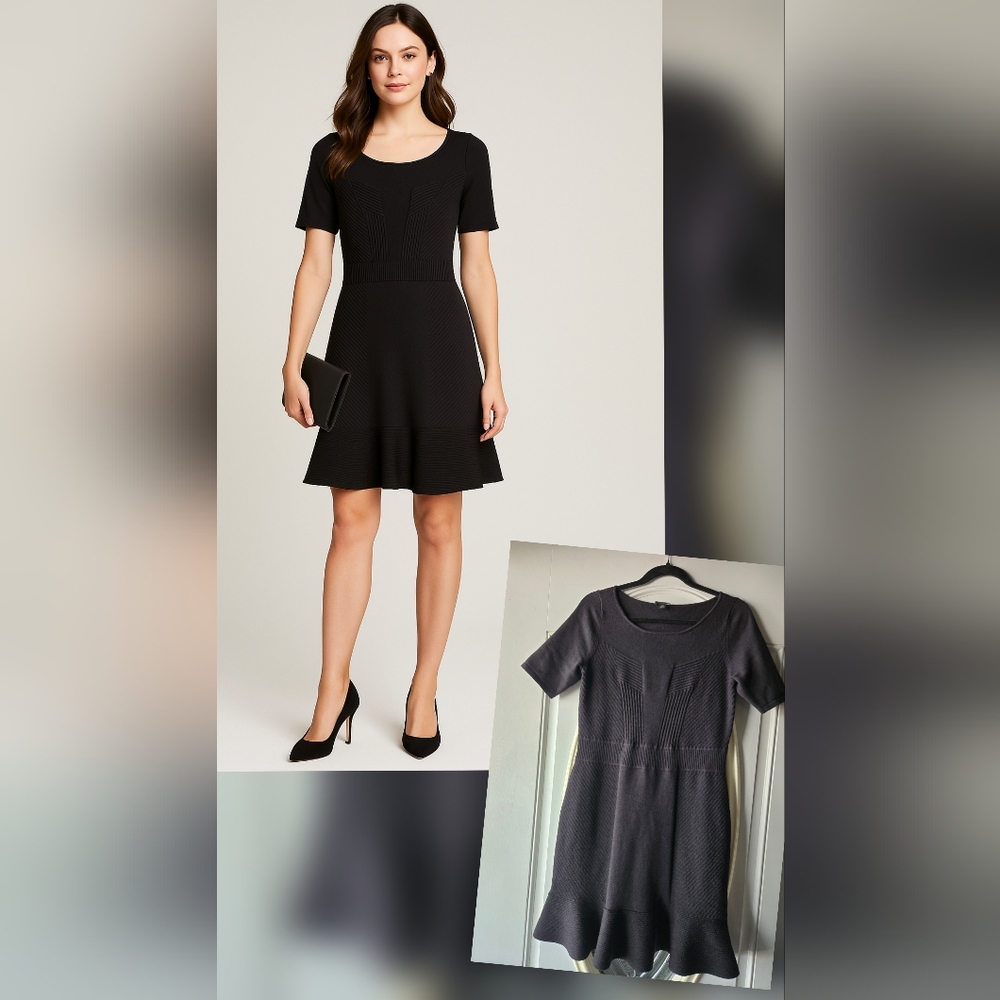 Ann Taylor Black Short Sleeve Fit-and-Flare Mini Dress